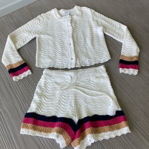 House of Harlow 1960 White Knit Cardigan & Shorts Set with Pink, Navy & Tan Trim